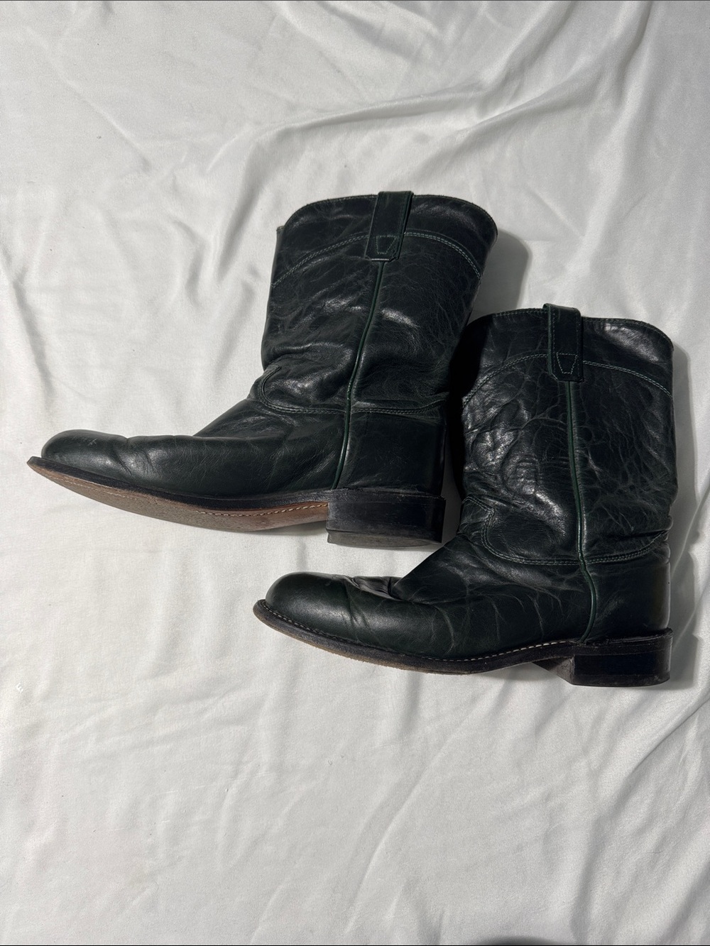 J. Chisholm Handcrafted Cowboy Boots – Dark Green Leather – Size 9W Vintage Boho